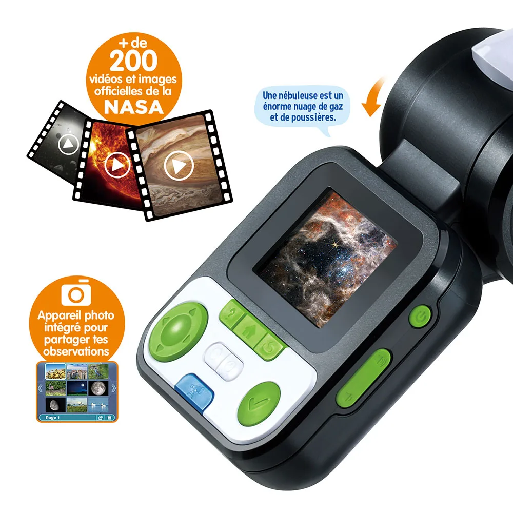Écran couleur du télescope VTech Genius XL affichant une image de nébuleuse de la NASA